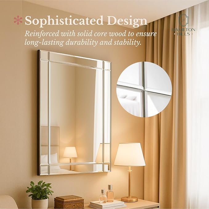 Hamilton Hills Rectangular 30x40 inch Silver Framed Vanity Mirror | Beveled Edge Squared Corner Frame Vanity Wall Mirror | Classy Decorative Bathroom Mirrors for Vanity, Hallway or Entry - Hanging