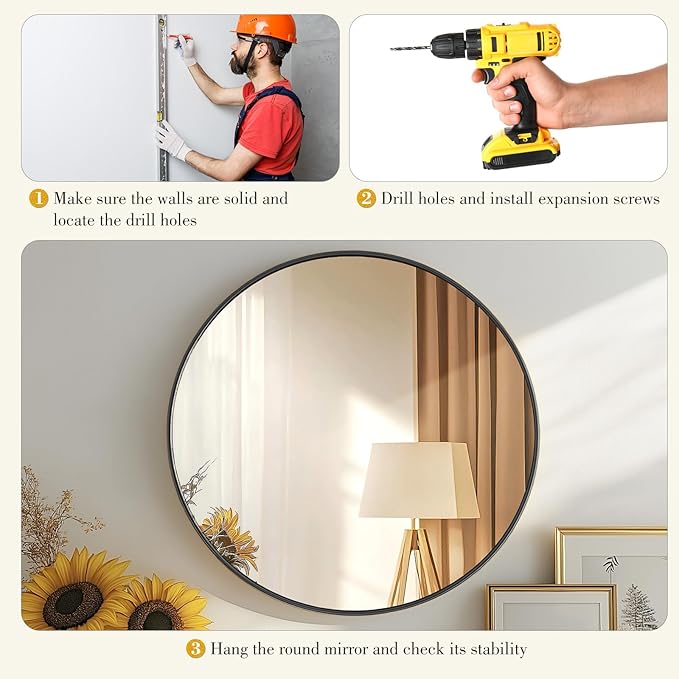 DUMOS Black Circle Mirror for Wall 24.02 inch, Bathroom Round Mirror for Over Sink, Bathroom, Entryway, Bedroom, Vanity