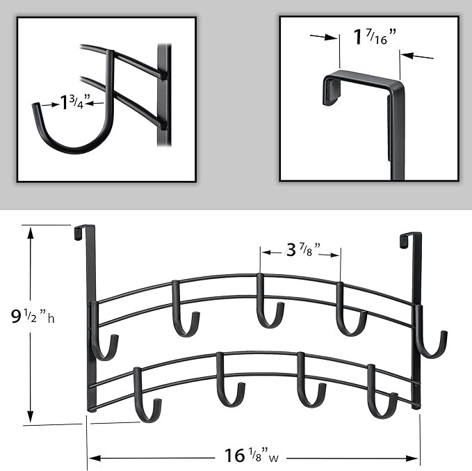 LYNK Professional® Home™ Over The Door Hooks - 9 Hook Over The Door Hanger - Over Door Coat Rack - Hanging Towels or Clothes - Bathroom, Bedroom or Laundry Room - Lifetime Ltd. Warranty – Black