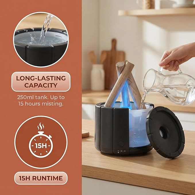 Aesthetic Campfire Essential Oil Diffuser, USB Rechargeable Wood Stack Humidifier with Remote, 7-Color Flame Light, Portable Aroma Diffuser for Home Office Decor, Unique Zen Gift (1, Black)