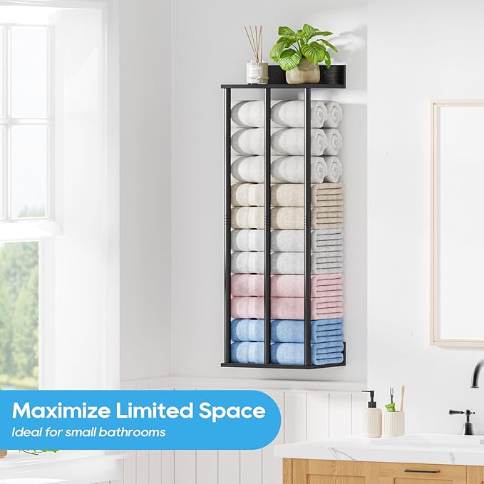 Towel Racks for Bathroom Wall Mounted with Wooden Storage Shelf, Updated 3 Bar Metal Towel Holder for Rolled Towels, Sturdy and Large Capacity, Towel Storage Organizer-Black