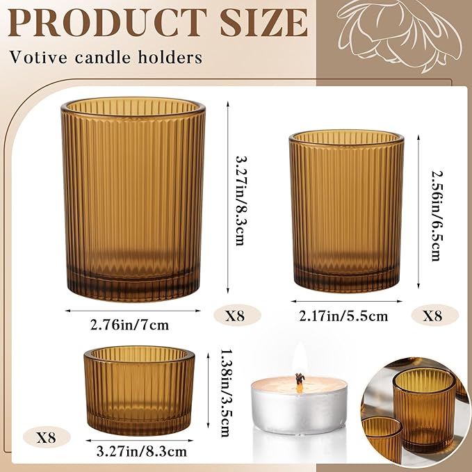 Mumufy 48 Pcs Assorted Votive Candle Holders Ribbed Glass Tealight Candle Holder Bulk for Table Centerpiece, Baby Shower, Home and Wedding Party Decoration (Amber)