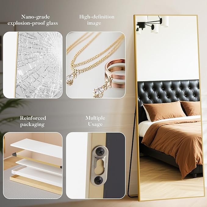 DUMOS Wall-Mounted Full Length Mirror 25"x 71" for Bedroom, Full Body Floor Mirror with Stand, Hanging or Leaning for Wall, Gold