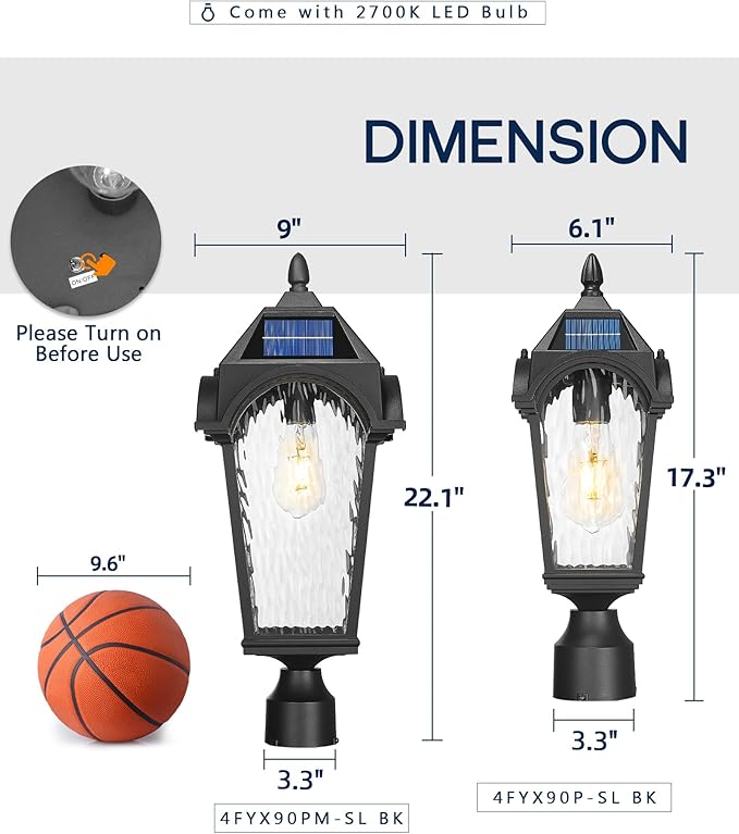FEMILA Outdoor Post Lights Solar Powered, 22" Dusk to Dawn Aluminum Glass Solar Post Light Fixtures for Yard Pathway Entrance, 4FYX90PM-SL BK