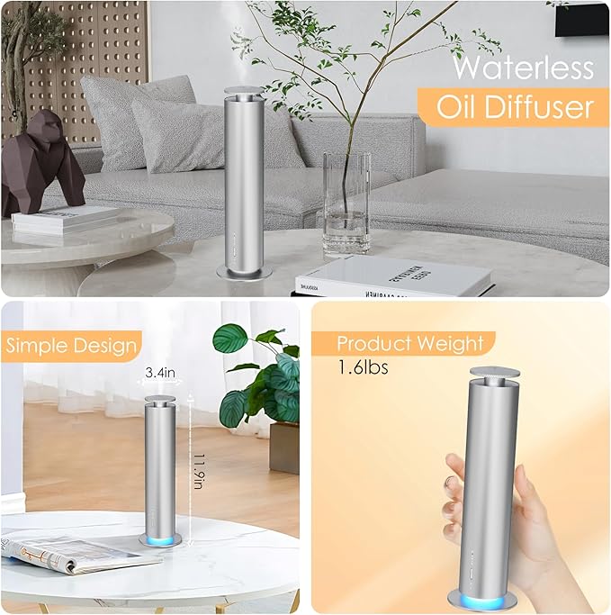 Waterless Essential Oil Diffuser, Long Lasting Aromatherapy Scent Diffuser for Home with Light Mode, 1500 Sq. Ft Coverage Quiet Oil Diffusers for Bedroom, Office, Included 5 Scent Oils(3.3OZ), Silver