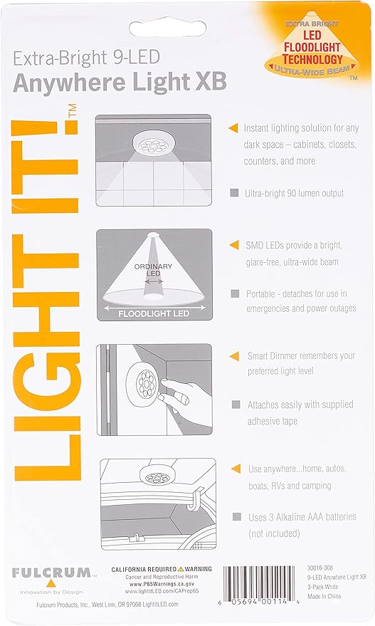 LIGHT IT! By Fulcrum, 30016-308 9-LED Anywhere Light XB, White, 3 Pack