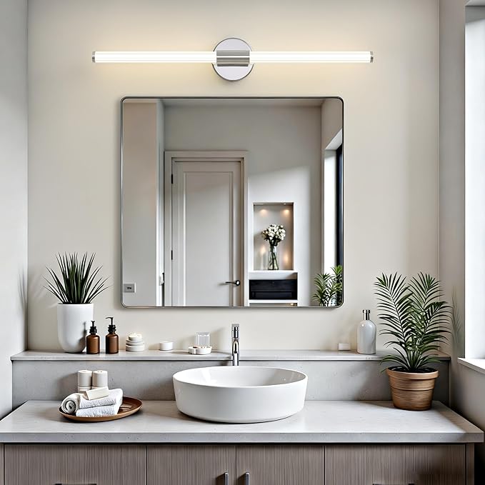 Dimmable LED Bathroom Vanity Lights 360° Full Lighting Bathroom Light Fixtures Over Mirror Vanity Light Bar Modern Wall Sconce 4000K for Bedroom Living Room Hardwired Chrome, 30 inch