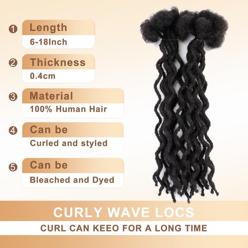 10'' Human Hair Wavy Dreadlocks – 30 Strands Curly Loc Extensions, 0.6cm Diameter, Natural Looking and Lightweight, Great for Loc Style Refresh