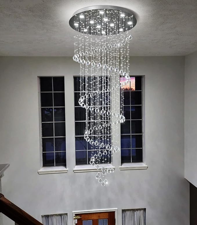 LED High Ceiling Chandelier Crystal Chandeliers Light Fixtures with Dimmable Light Bulbs Gold Living Room Foyer Chandelier Modern Pendants Lights for Entryway Staircase Silver