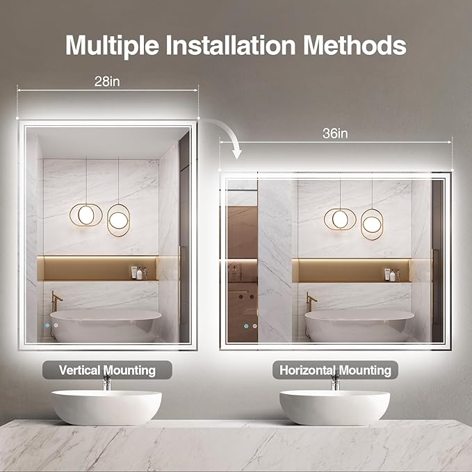 28"x 36" LED Bathroom Mirror with Anti-Fog, Dimmable Backlit + Front Lit, LED Bathroom Vanity Mirror for Wall, Memory Function, Shatter-Proof Glass, ETL Listed(NHYJ7922D)
