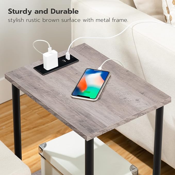 HOOBRO Side Table with Charging Station, End Table with USB Ports and Outlet, Nightstand with 2-Layer Storage Shelves for Small Spaces, Living Room, Bedroom, Stable Frame, Greige and Black BG09UBZ01