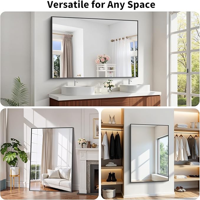 Koonmi Black Framed Bathroom Mirror - Shatterproof 36"x55" Tempered Glass, HD No Distortion, Horizontal/Vertical Mount, Modern Matte Aluminum Alloy Frame