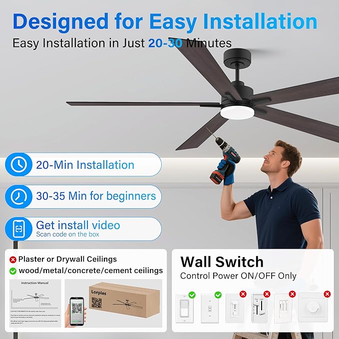 72” Large Smart Ceiling Fan with Lights Remote,Silent DC Motor,Control via WIFI Alexa Google App,Outdoor Indoor Modern Ceiling Fans for Living Room Kitchen Patio,Dimmable,5 Blades in Black&Walnut