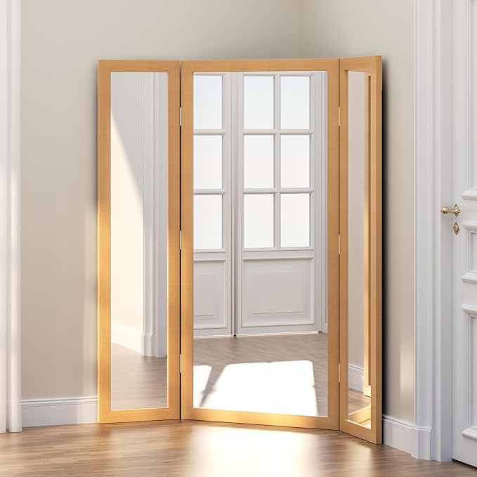Trifold Mirror Full Length with Tempered Glass, 3 Way Oversized Extra Large Floor Mirror with Wood Frame, Decorative Mirror for Home,Wedding Dress/Clothing Shop/Bedroom/Closet, 71"x67" (Brown)