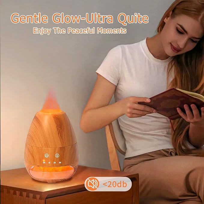 Ultrasonic Essential Oil Diffuser with Himalayan Salt Rock,Flame Diffuser with 2 Color Light,Small Aromatherapy Oil Diffuser with Auto Off Function for Home, Office,Spa,100ML,Wooden Grain