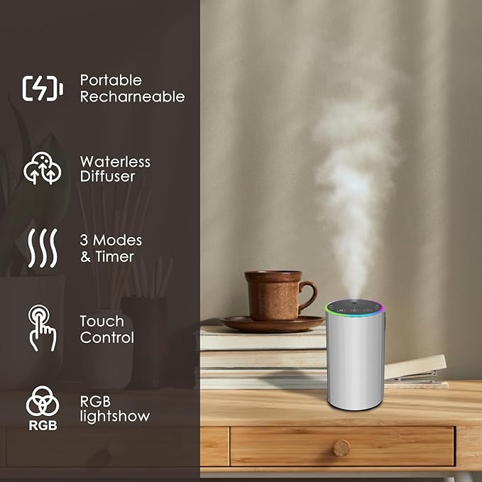 Waterless Essential Oil Diffuser, 7 Colors LED Light, Battery Powered Mini Scent Air Machine, Aromatherapy Mist Diffuser for Home Room Car Office,Black Aluminum Alloy (Silver)