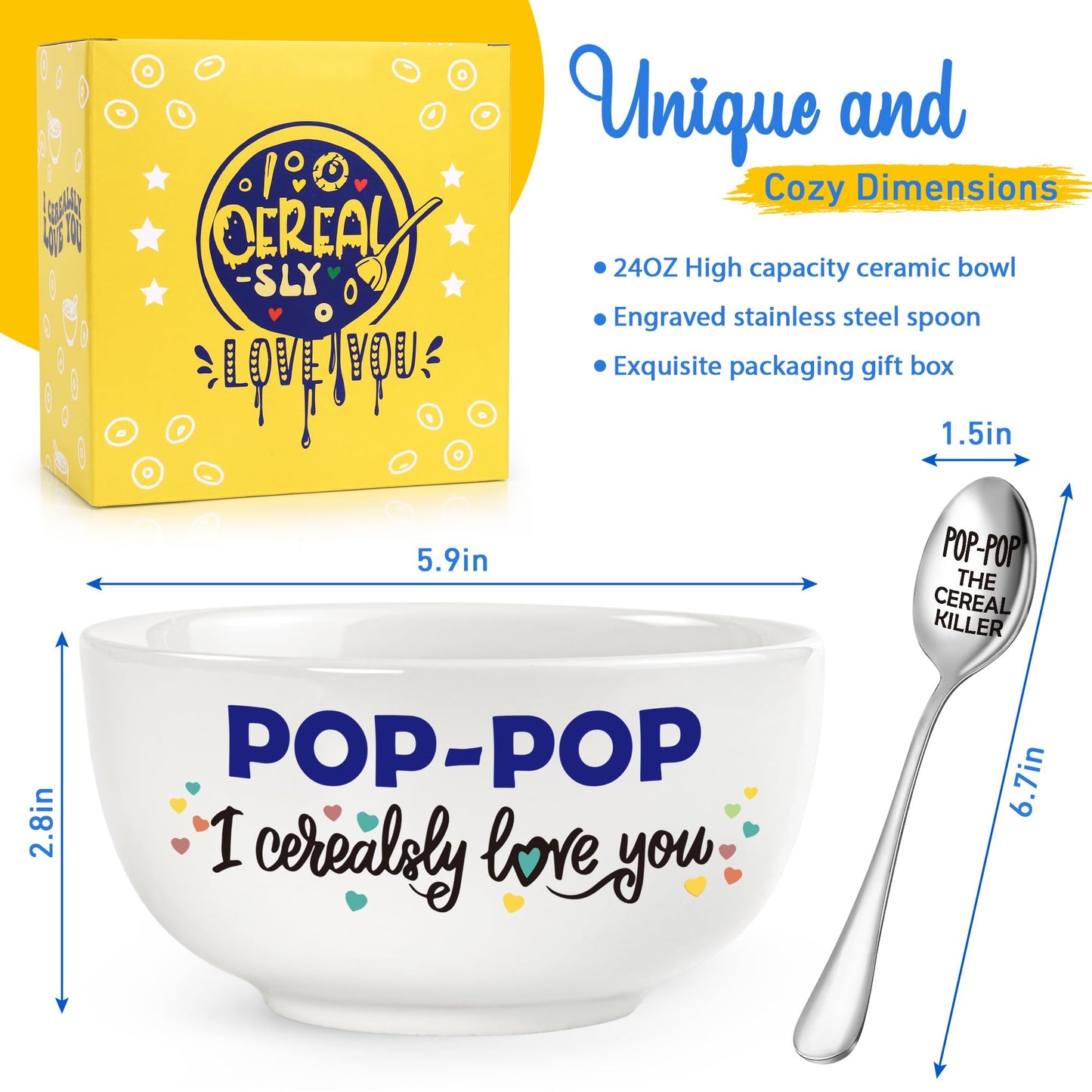 BackURyear Pop-Pop Gifts for Fathers Day, Funny Pop Pop Gifts for Grandpa Birthday from Grandkids Granddaughter, Ceramic Cereal Bowl Presents, POP-POP I Cerealsly Love You