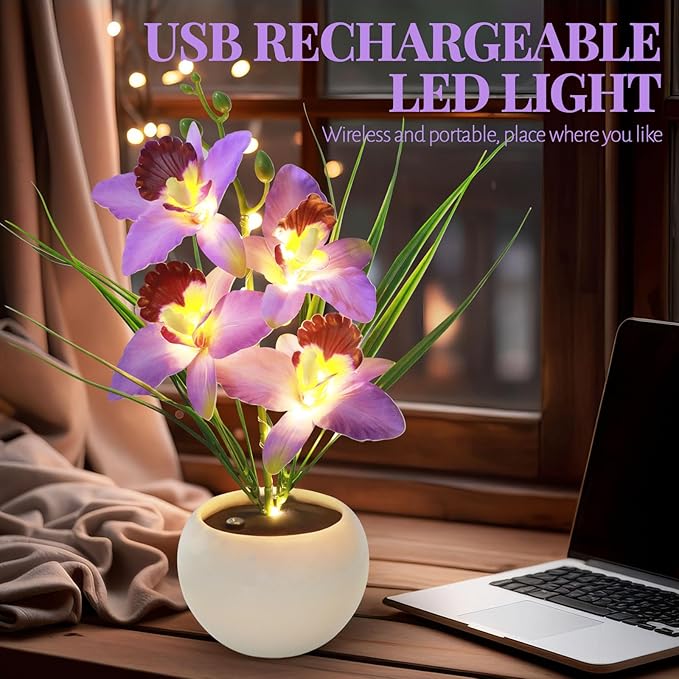 Artificial Flower Night Light, Touch Stepless Dimming USB Rechargeable Orchid Flower with Vase Lamp, LED Table Lamp Decorative Landscape Lights for Festival Party Home Decor (Purple)