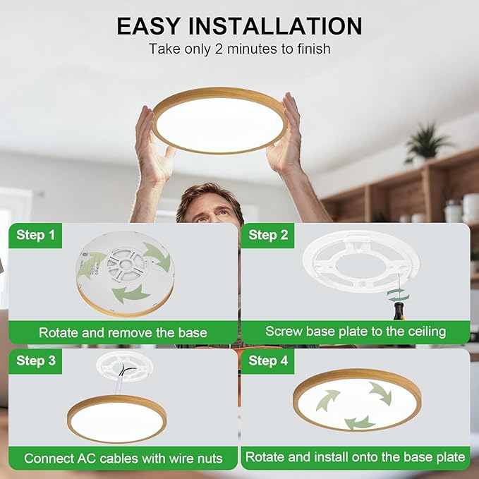 LED Flush Mount Ceiling Light: 12 inch 1Pack Super Slim Dimmable & 5CCT (2700-6500K) Kitchen Lighting Fixtures Ceiling - 24W Wooden Low Profile Ceiling Lamp for Bedroom Garage Hallway
