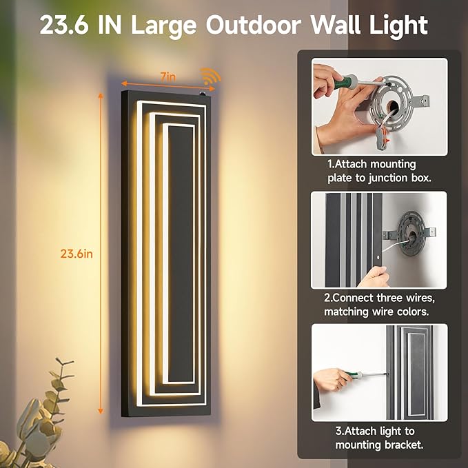 Dusk To Dawn Long Outdoor Wall Light Fixtures, LED Modern Outdoor Lighting For House, 23.6 IN Exterior Wall Sconce,Black Front Porch Light, Waterproof Outside Garage Lights,36W Warm White 1Pcs