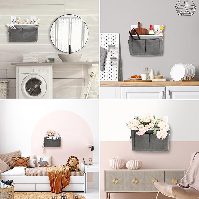 Berlune 6 Pcs Wall Hanging Storage Bag Wall Organizer Bag with Pockets and Hooks Linen Cotton Closet Hanging Organizer Basket for Bedroom Bathroom Dormitory, 11.4 x 7.5 x 4''(Pure)