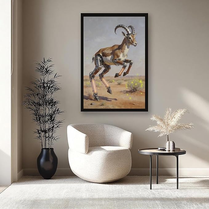 Framed Steampunk Mechanical Antelope Wall Art - Desert Futuristic Poster for Loft Living Room Decor 08x12in