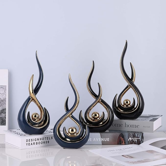 Abstract Ceramic Modern Sculpture, Knick Knacks Statues for Living Room, Shelf, TV Stand, Coffee Table, Dining Room, Office, Bedroom, Home Decor, Centerpiece, Great Gift Idea (Blue Gold)