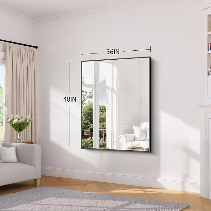 Koonmi Black Framed Bathroom Mirror - Shatterproof 36"x48" Tempered Glass, HD No Distortion, Horizontal/Vertical Mount, Modern Matte Aluminum Alloy Frame
