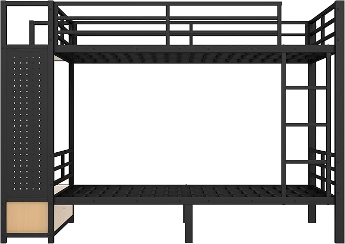 Bellemave Full Over Full Metal Bunk Bed with Storage Drawers and Shelves, Heavy Duty Bunk Beds with Pegboard and Coat Rack for Kids, Adults,Blackă