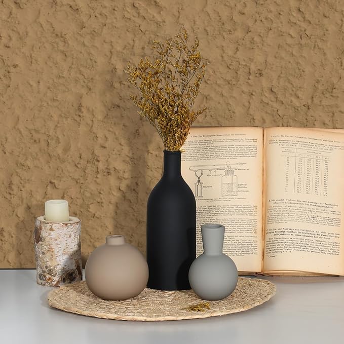 Ceramic Vase - Handmade Pottery Neutral Tone Home Decor for Floral Arrangements, Table Mantel Tray Decor - Modern Farmhouse Vases for Living Room Bedroom Kitchen Entryway (Multicolor-Black, 3 PCS)