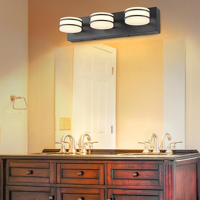 3 Color Temperature Dimmable Bathroom Light Fixtures Over Mirror, LED Black 3 Light Vanity Lighting Fixtures, Acrylic Stainless Steel Oval Shade Vanity Lights for Bathroom, ETL Certificated