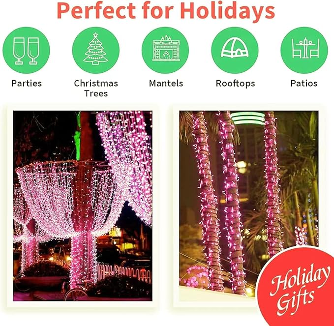 LAMPHOME 200 LED Pink Valentine Lights, 66ft 16 Modes Valentine Room Lights Clear Wire,Connectable Plug in Pink Christmas String Light Indoor Outdoor for Christmas Bedroom Valentines Party