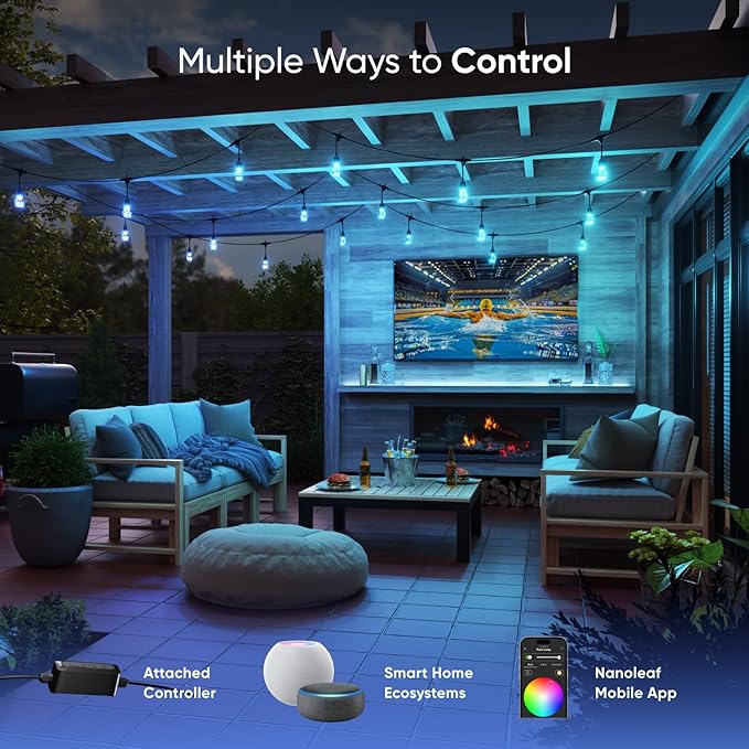 Nanoleaf Essentials Matter Smart Multicolor Outdoor String Lights Smarter Kit with Addressable RGBICW LED Bulbs, White and Color-Changing, Wi-Fi + Bluetooth, IP 65 Water Resistant (49ft, 20 Bulbs)