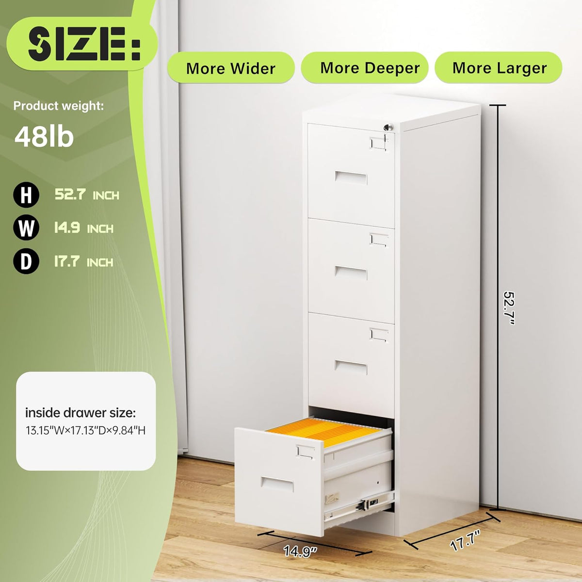 Crownland Lateral File Cabinet with 4 Drawers, 15" W Metal Lockable Office File Cabinets for Home Office- Stores Letter/Legal/A4/F4 Files(White)