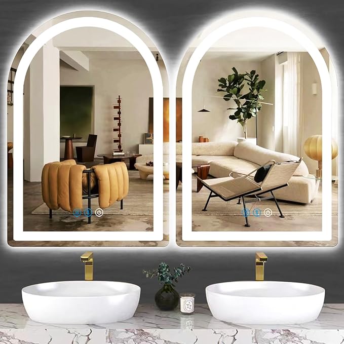 LED Arch Mirror with Lights 16 x 24 Inch Arched Lighted Mirror for Bathroom Makeup Table Wall Arch Vanity Mirror with Light Smart Memory 3 Color Dimmable AntiFog LED Arched Mirrors