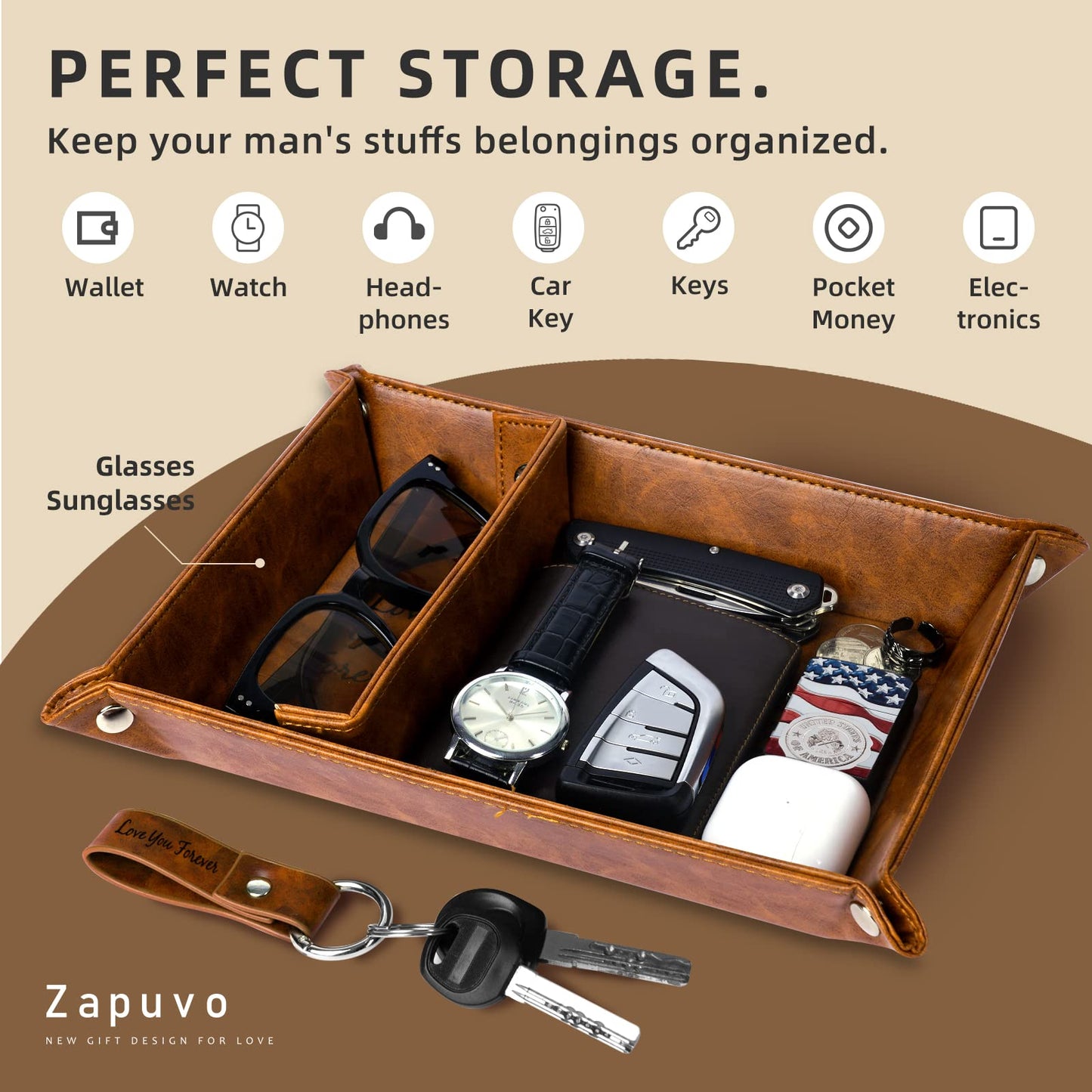 ZAPUVO PU Leather Tray and Keychain, Unique Gifts for Him Boyfriend from Girlfriend, Gifts Ideas for Husband Anniversary from Wife, Christmas Xmas Gifts for Him Birthday