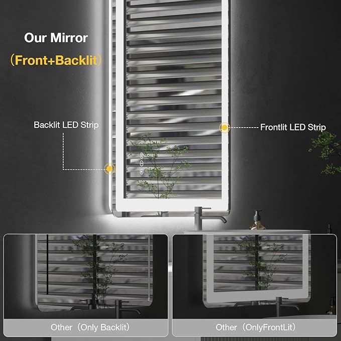 24x32 LED Mirror for Bathroom, Rounded Rectangle Mirror with Backlit + Front Lit, Bathroom Mirror with Lights, Anti-Fog, Dimmable, Lighted Vanity Mirror Tempered Glass(Horizontal/Vertical)