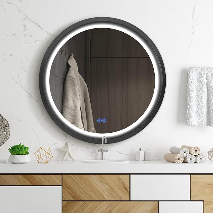 Round LED Mirror for Bathroom, Black Metal Frame, 28”