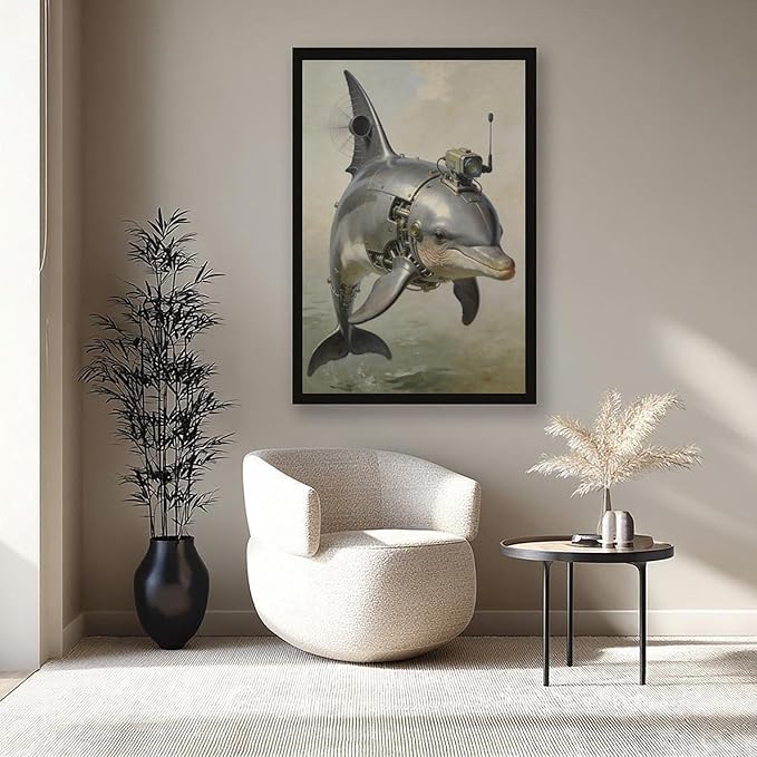 Framed Steampunk Mechanical Dolphin Wall Art - Marine Retro-Futuristic Poster for Beach House Living Room Decor 12x18in