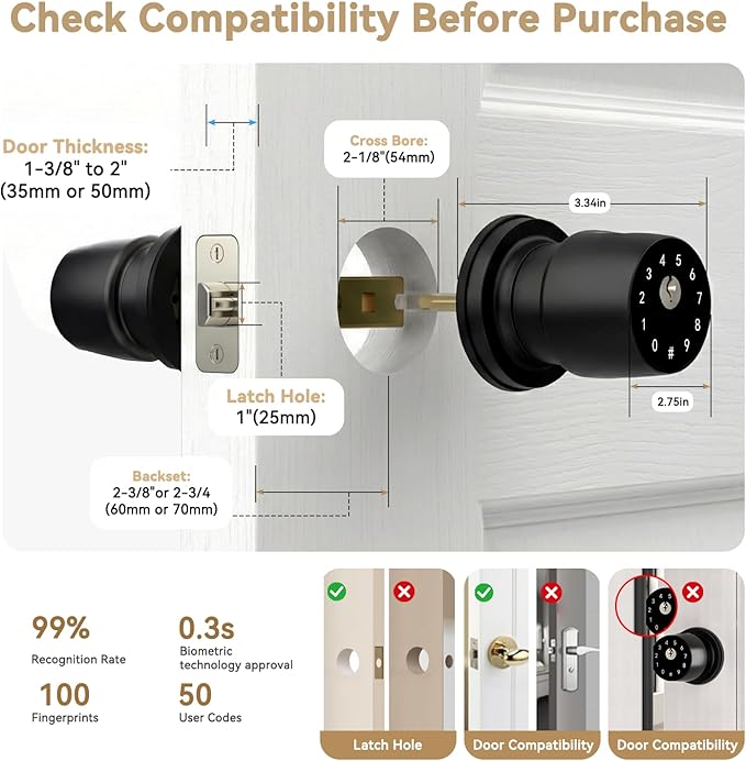 IRONZON Fingerprint Door Knob for Bedroom - 291Y 4-in-1 Keyless Bedroom Door Knob smart Door knob with App, One-tap Privacy Mode Setup, Auto-Lock Easy to Install - Matte Black