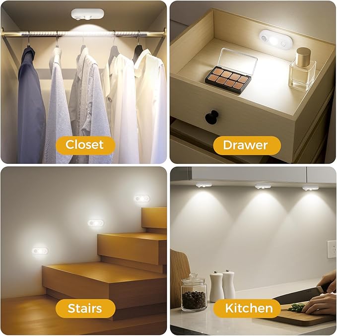 LED Motion Sensor Puck Lights, Small Rechargeable Under Cabinet Light, Dimmable Daylight White Closet Lights, Wireless Under Cabinet Lighting for Drawer, Kitchen (4 Pack, White)