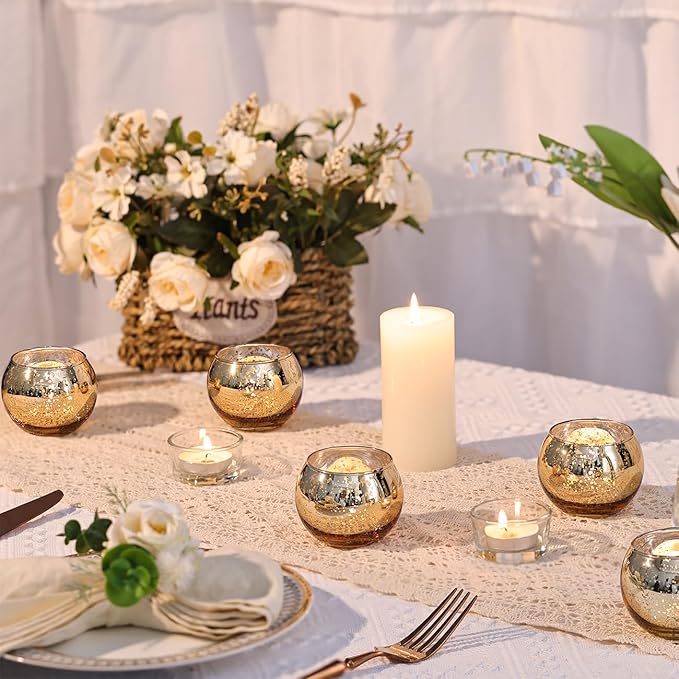 LAMORGIFT 12 Pcs Gold Votive Candle Holders -Gold Mercury Glass Candle Holders, Diwali Decorations for Home, Wedding Centerpieces for Tables, Christmas Tea Light Holders