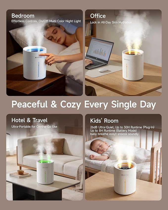 SP SpacePlayer Cordless Humidifier for Bedroom, 3L Top Fill Cool Mist Ultrasonic, 4000mAh Wireless Portable, Quiet 23dB, Auto Shut-Off, Timer, BPA Free, Easy Clean, for Baby Nursery Plants Home Office