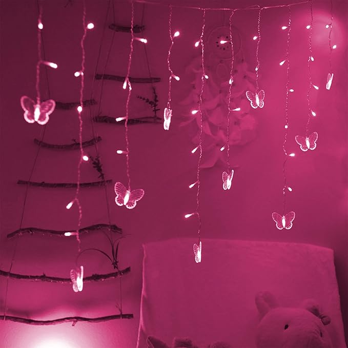 Decorman Butterfly Curtain Lights, 4.9ft 48 LED USB Window Fairy Lights 10 Butterflies 8 Modes Firefly Twinkle String Lights for Room Bedroom Wall Ceiling Party Wedding Christmas (Pink)