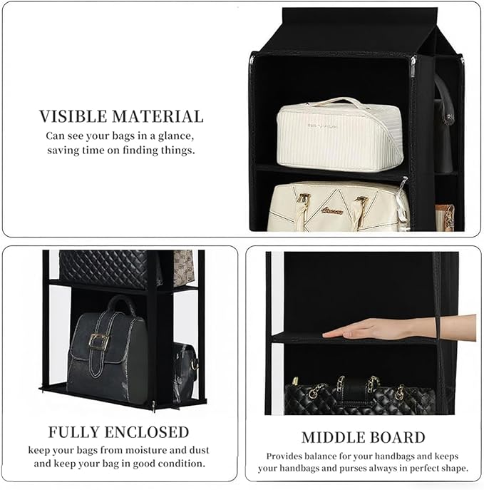 8 Grids in 1 Rotatable Hanging Purse Handbag Organizer with Double Zippers, Visible Purse Organizer for Closet, Fully Enclosed Handbag Storage Holder-Black