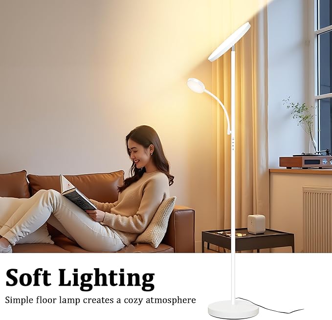 White Floor Lamp,Upgraded 42W/4200LM Bright Floor Lamp,Torchiere Floor Lamps with Reading Light,Modern Dimmable Standing Lamp with Remote,Floor Lamps for Living Room,Bedroom,Office
