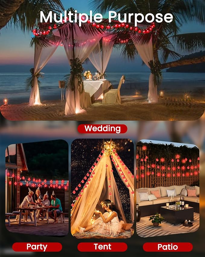 2-Pack 100 LED Red Solar String Lights Outdoor - 64FT Crystal Globe Waterproof Solar Powered Lights for Outside with 8 Lighting Modes for Patio Decorations, Garden, Party, Porch, Wedding, Yard