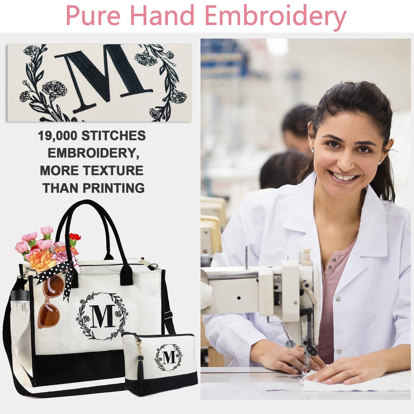 BeeGreen Birthday Gift for Women-Embroidery-Initial J-Personalized-Tote-handbags for Mom, sisters, Friends and Colleagues Gift Bag for Women Unique Gifts Basket