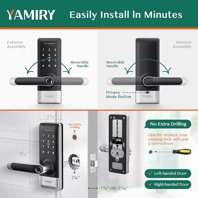 Smart Door Lock, Biometric Fingerprint, Keyless Entry, App Control, 6 Ways to Unlock, DIY Installation (Silver)