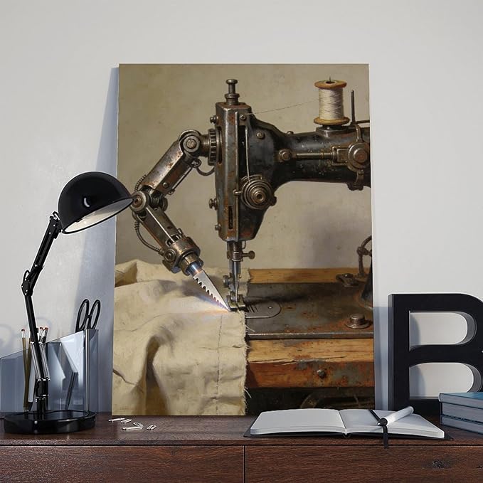 Framed Steampunk Mechanical Sewing Machine Wall Art - Retro Industrial Workshop Poster for Home Office Studio Decor 24x36inch(60x90cm)